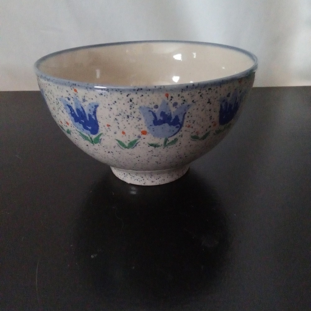 Blue Tulip Hand Painted Speckled Ceramic Footed Cereal Soup Bowl 5.25 Inch